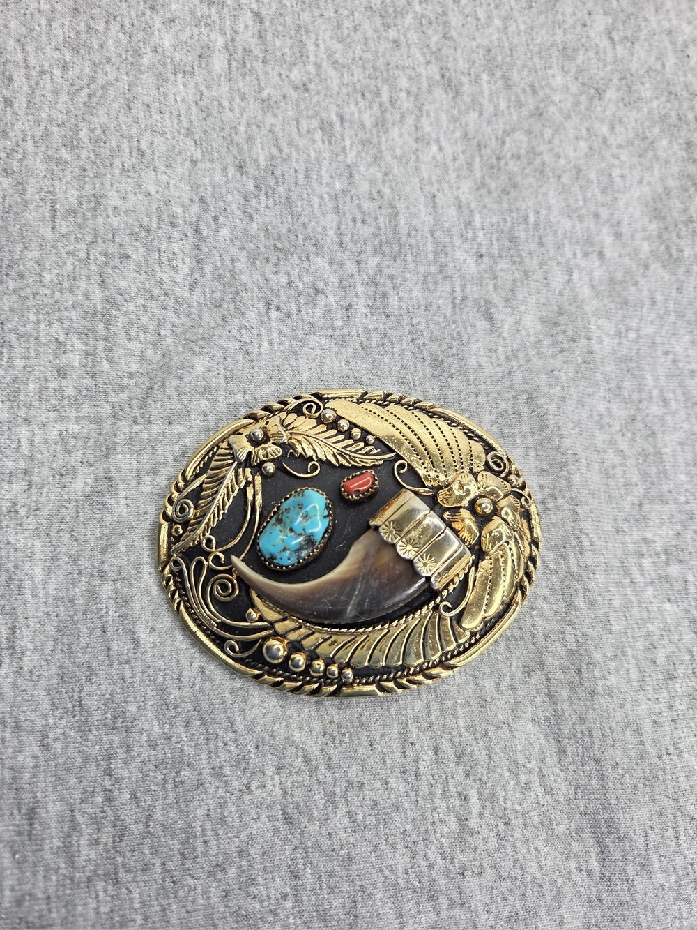 Vintage SSI Bear Claw Belt Buckle Turquoise Coral Navajo Southwestern USA